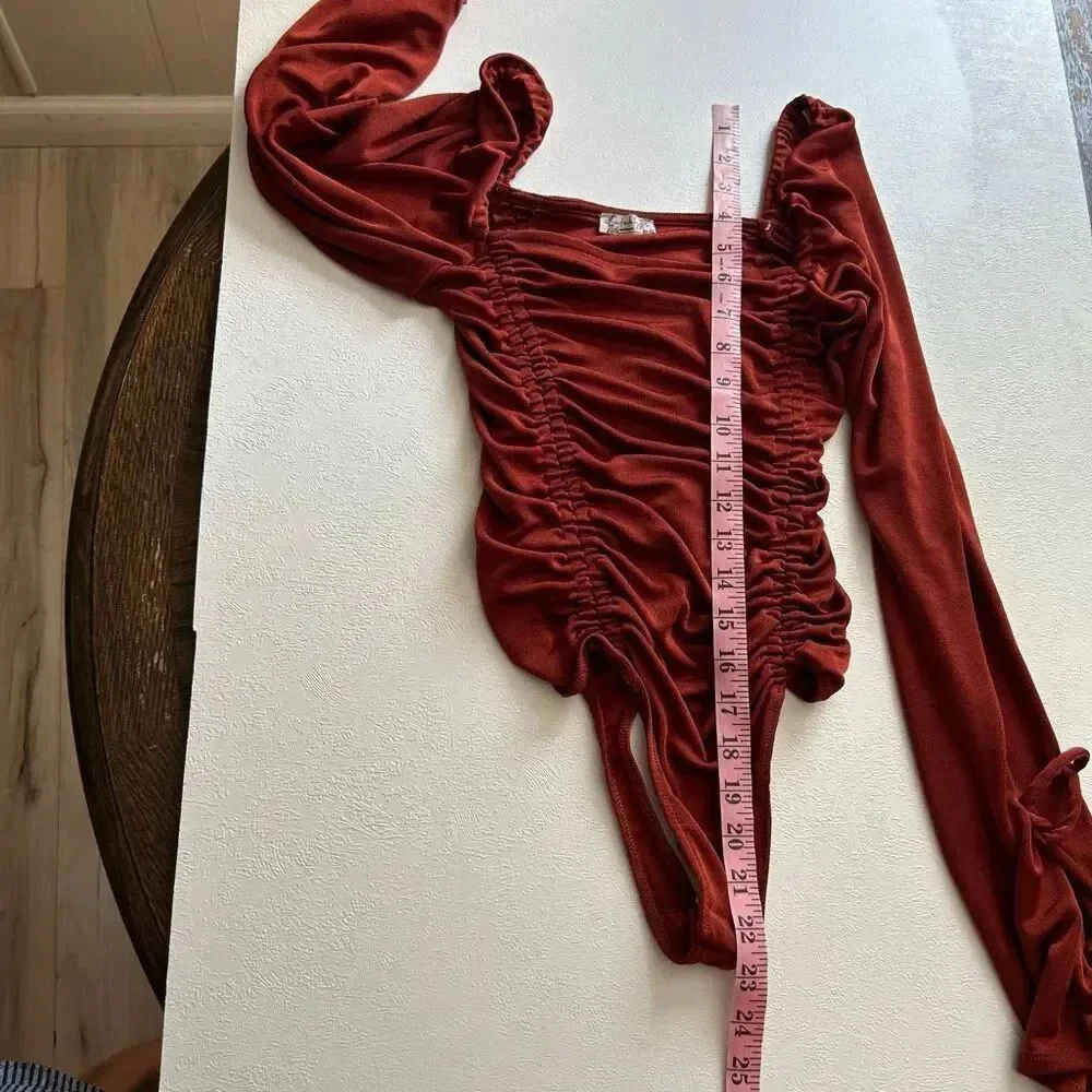 Free People XS Rust Ruched Bodysuit Bell Sleeve Boho Y2K Top